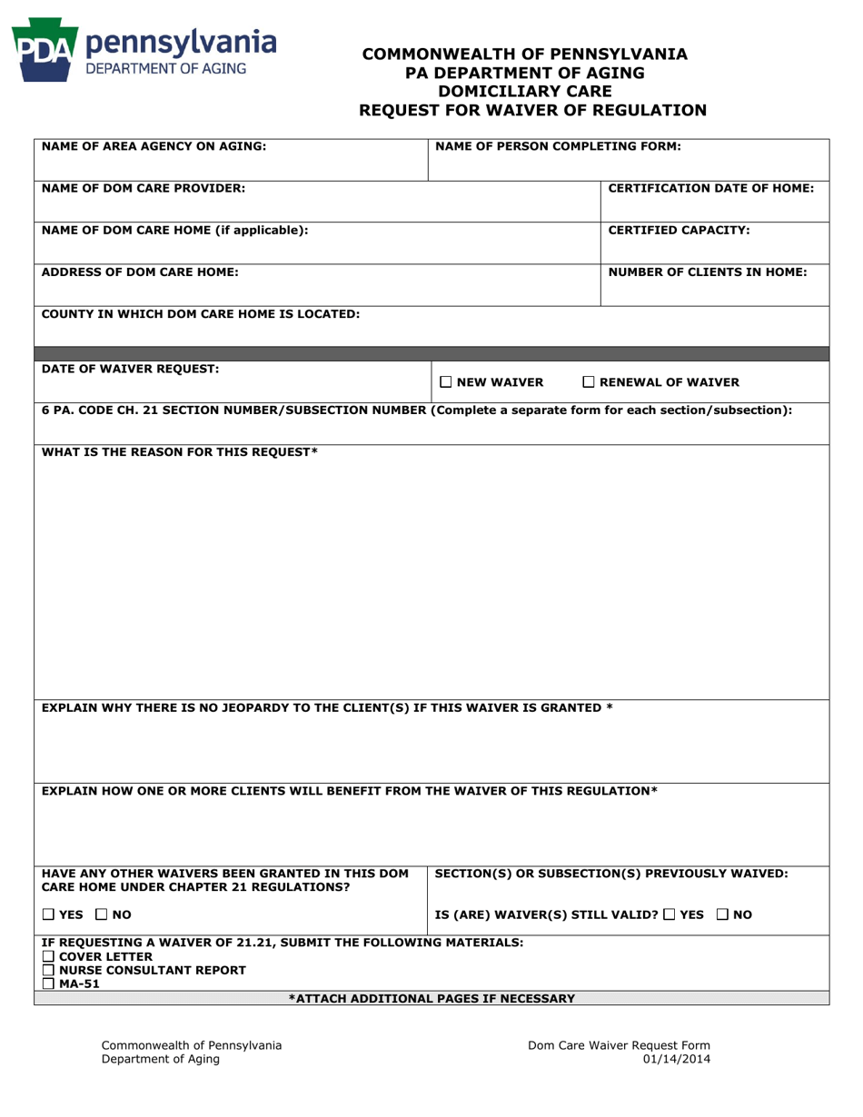 Domiciliary Care Request for Waiver of Regulation - Pennsylvania, Page 1