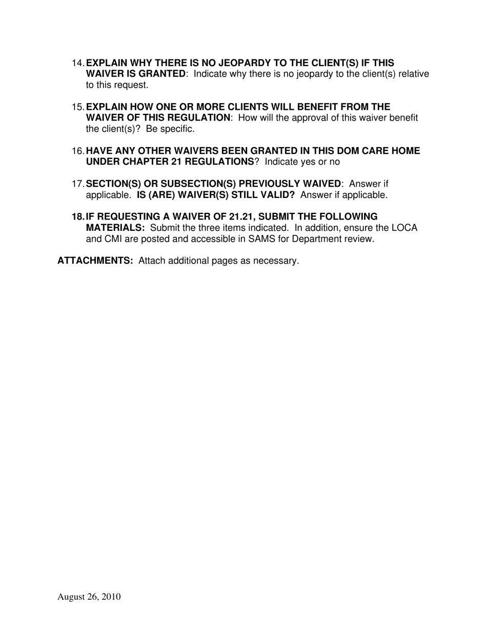 Instructions for Domiciliary Care Request for Waiver of Regulation - Pennsylvania, Page 2