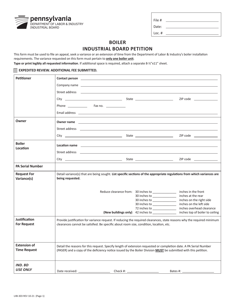 Form LIIB-303 Boiler Industrial Board Petition - Pennsylvania, Page 1