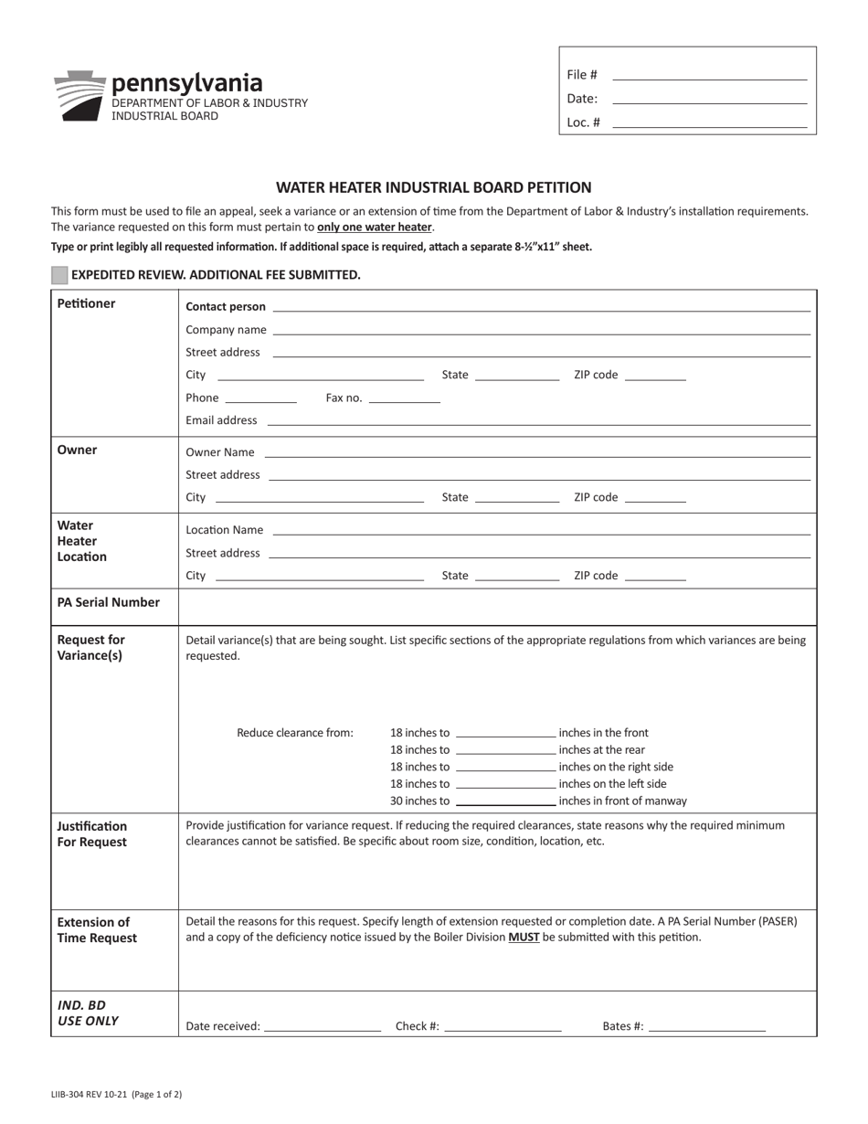 Form LIIB-304 Water Heater Industrial Board Petition - Pennsylvania, Page 1