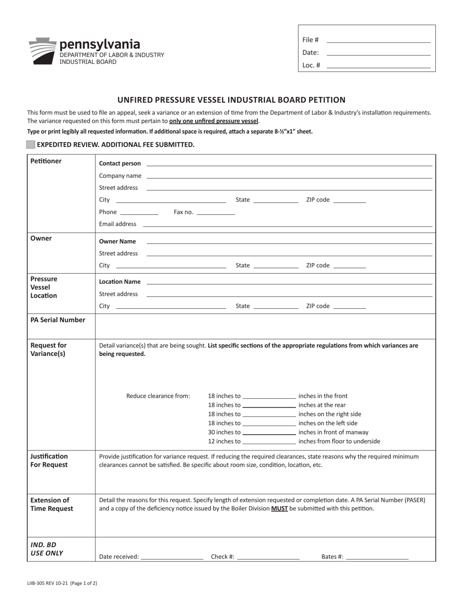 Form LIIB-305 Unfired Pressure Vessel Industrial Board Petition - Pennsylvania, Page 1