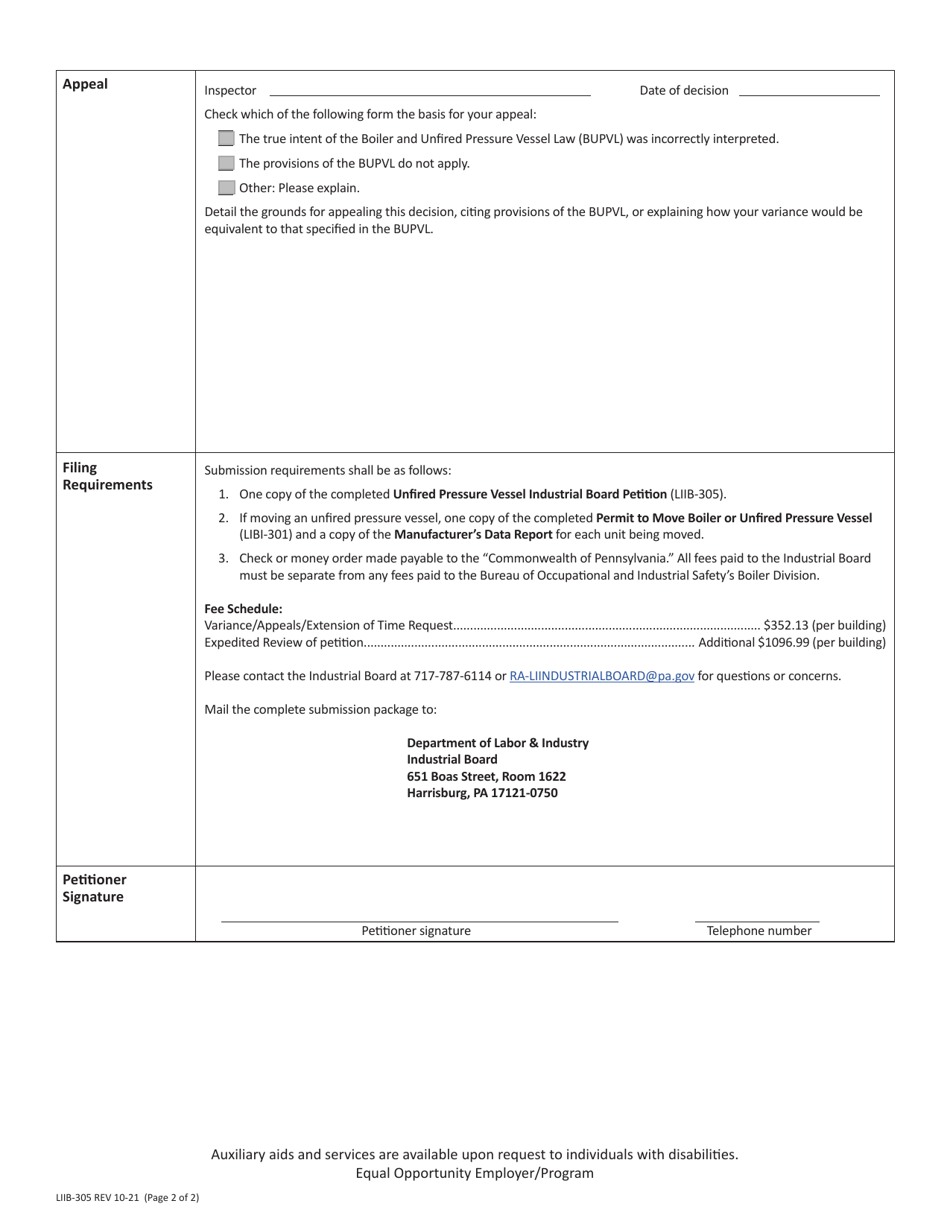 Form LIIB-305 Unfired Pressure Vessel Industrial Board Petition - Pennsylvania, Page 2