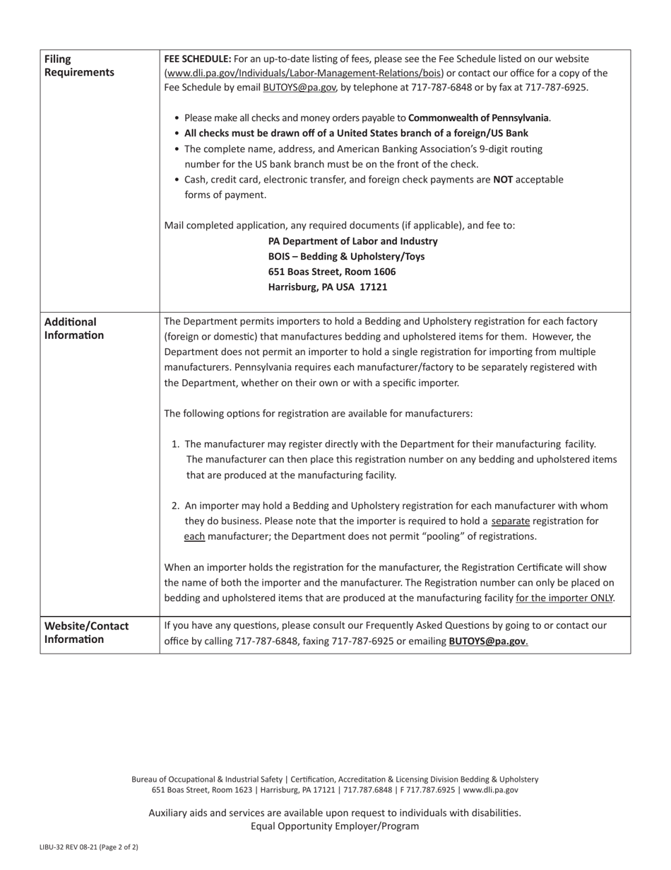 Form LIBU-32 Bedding and Upholstery Application for Registration - Pennsylvania, Page 2