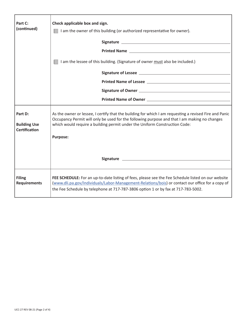 Form UCC-27 Request for Duplicate or Revised Occupancy Permit / Certificate - Pennsylvania, Page 2