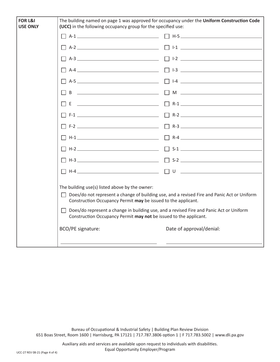 Form UCC-27 Request for Duplicate or Revised Occupancy Permit / Certificate - Pennsylvania, Page 4