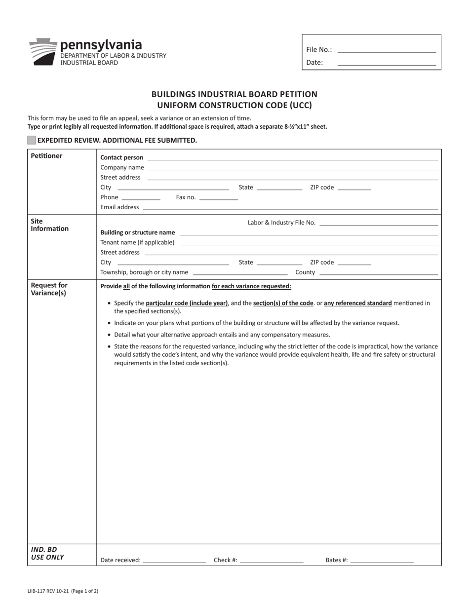 Form LIIB-117 Buildings Industrial Board Petition - Uniform Construction Code (Ucc) - Pennsylvania, Page 1