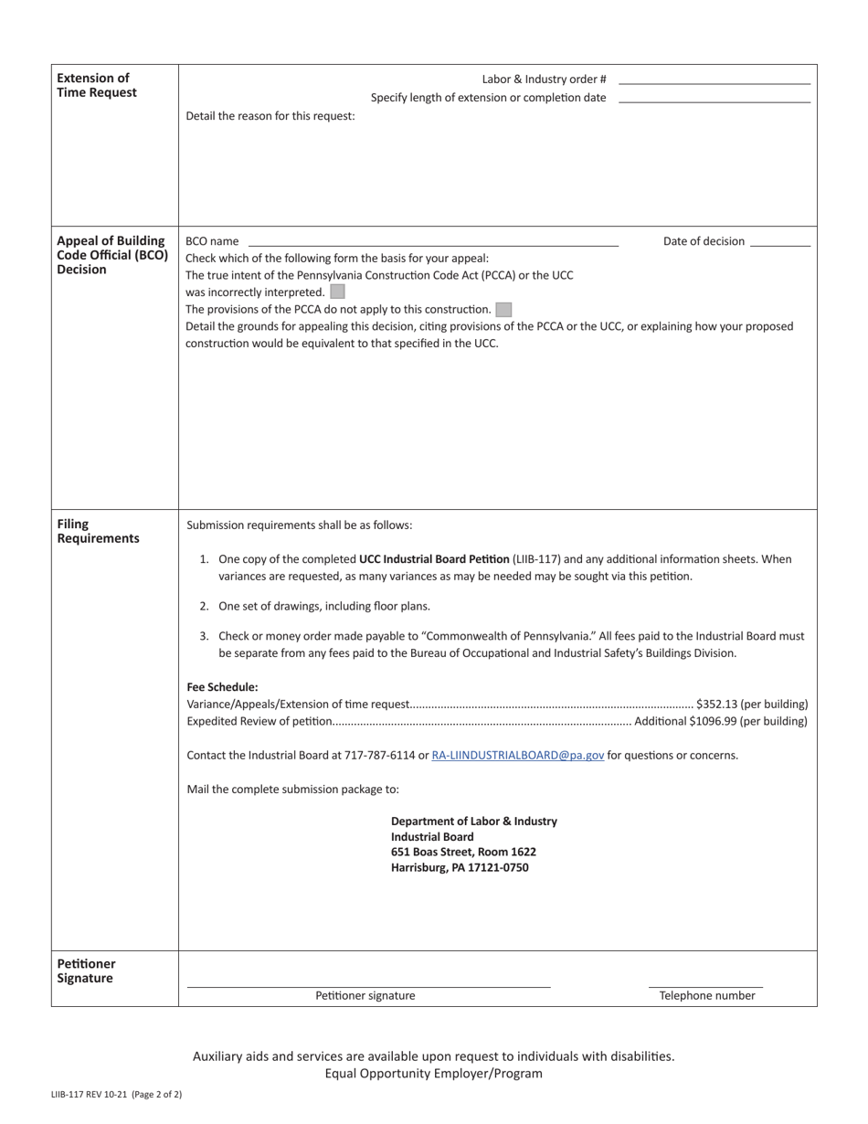 Form LIIB-117 Buildings Industrial Board Petition - Uniform Construction Code (Ucc) - Pennsylvania, Page 2