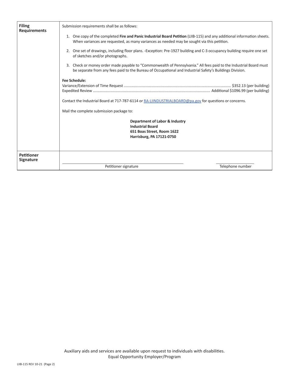 Form LIIB-115 Fire and Panic Industrial Board Petition - Pennsylvania, Page 2