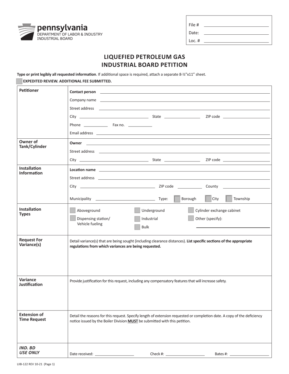 Form LIIB-122 Liquefied Petroleum Gas Industrial Board Petition - Pennsylvania, Page 1