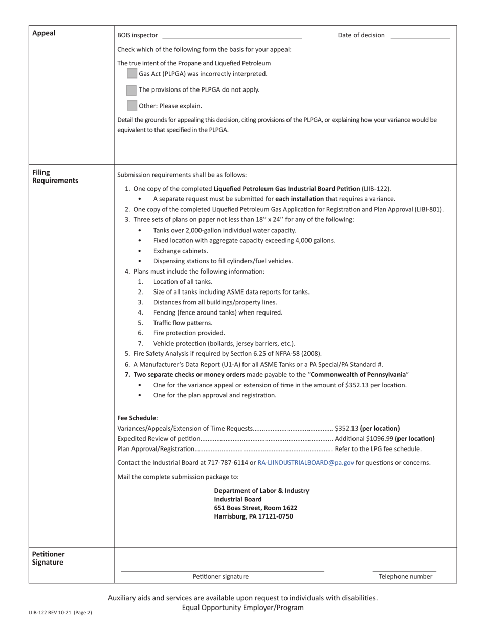 Form LIIB-122 Liquefied Petroleum Gas Industrial Board Petition - Pennsylvania, Page 2