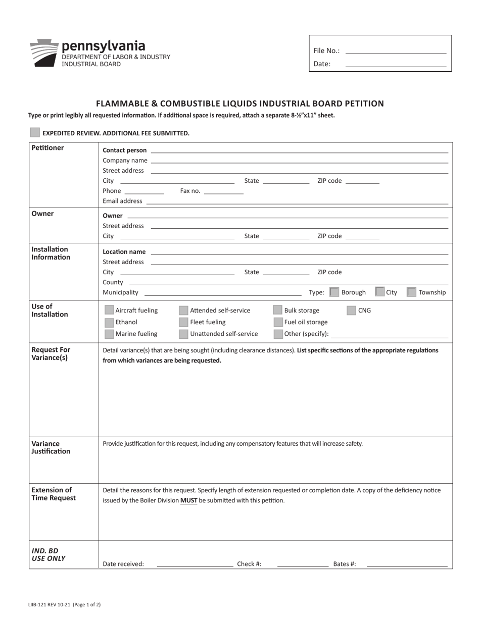 Form LIIB-121 Flammable  Combustible Liquids Industrial Board Petition - Pennsylvania, Page 1