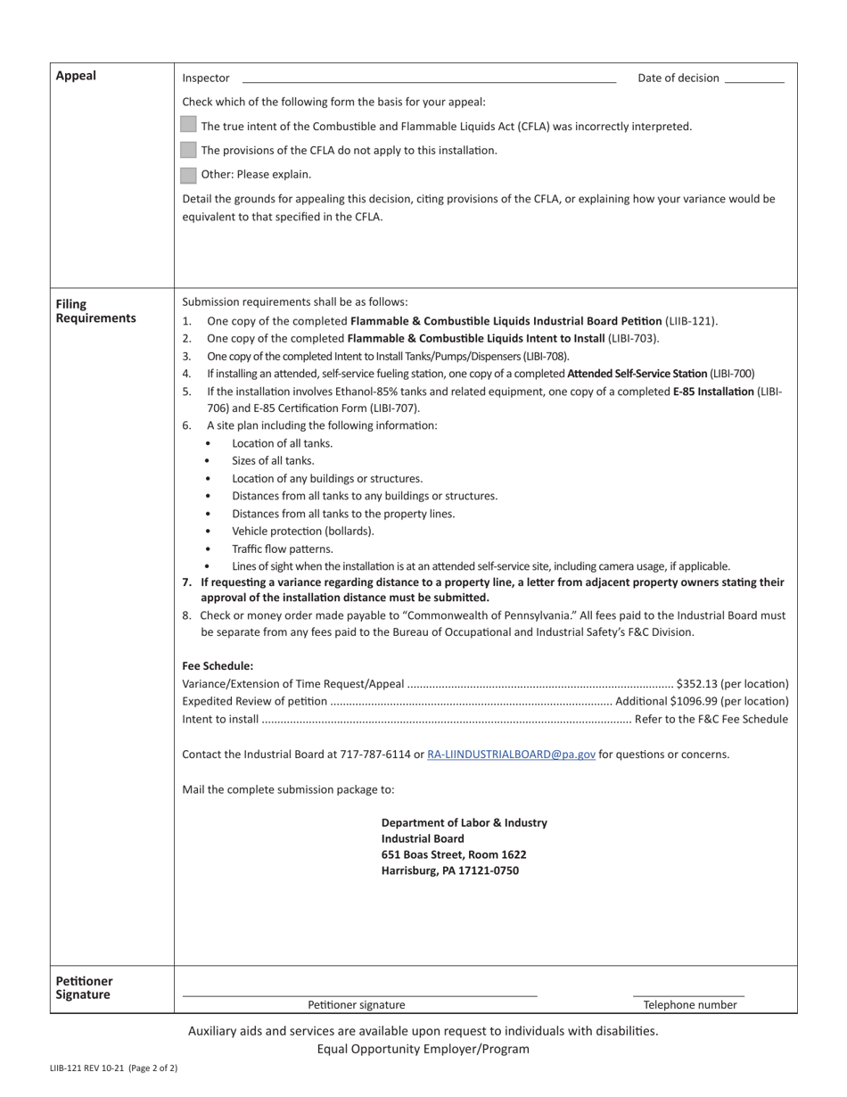 Form LIIB-121 Flammable  Combustible Liquids Industrial Board Petition - Pennsylvania, Page 2