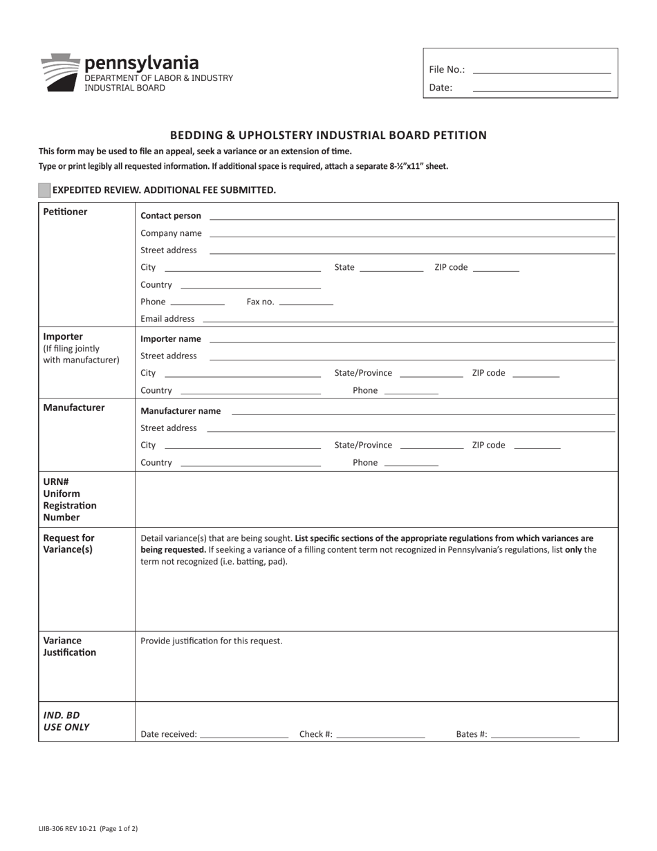 Form LIIB-306 Bedding  Upholstery Industrial Board Petition - Pennsylvania, Page 1