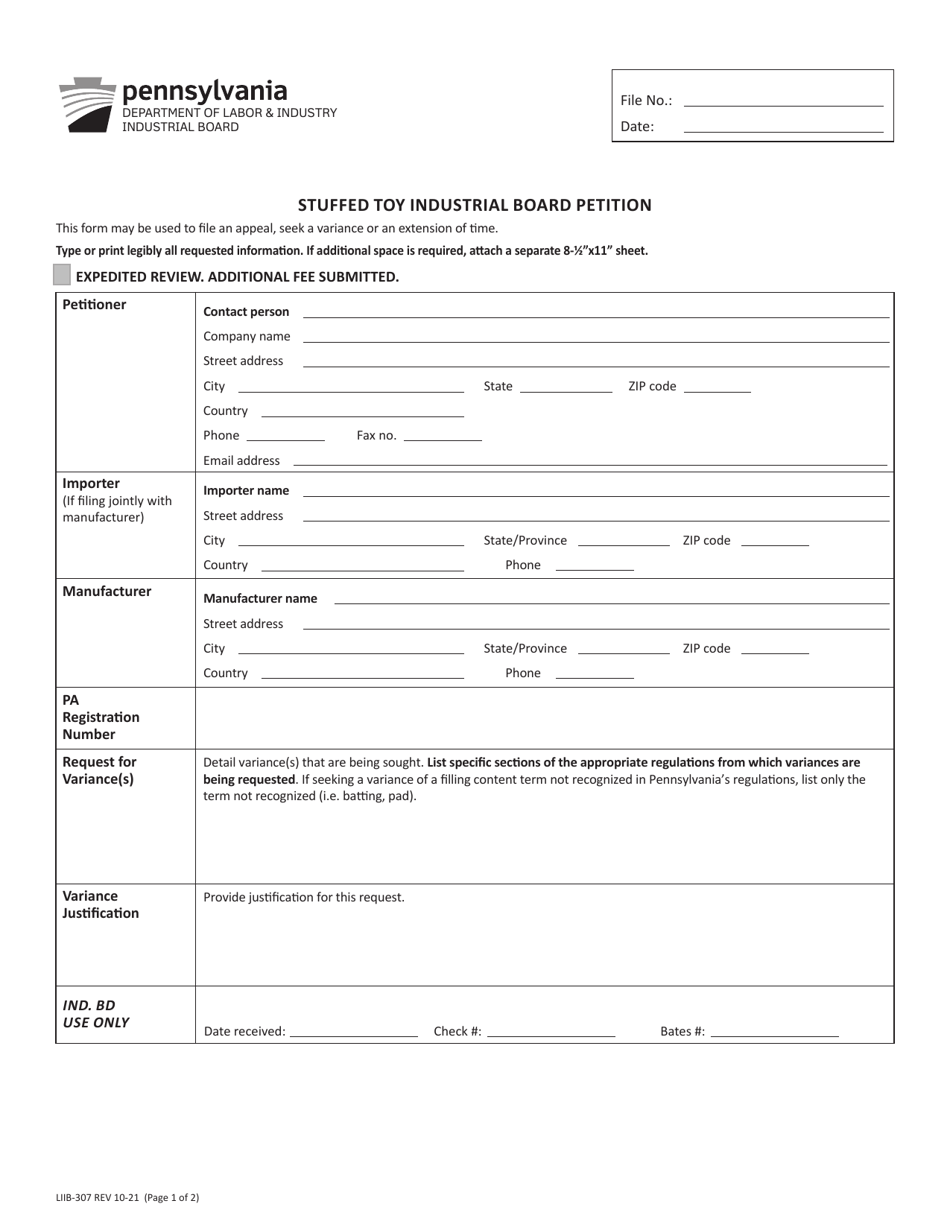 Form LIIB-307 Stuffed Toy Industrial Board Petition - Pennsylvania, Page 1