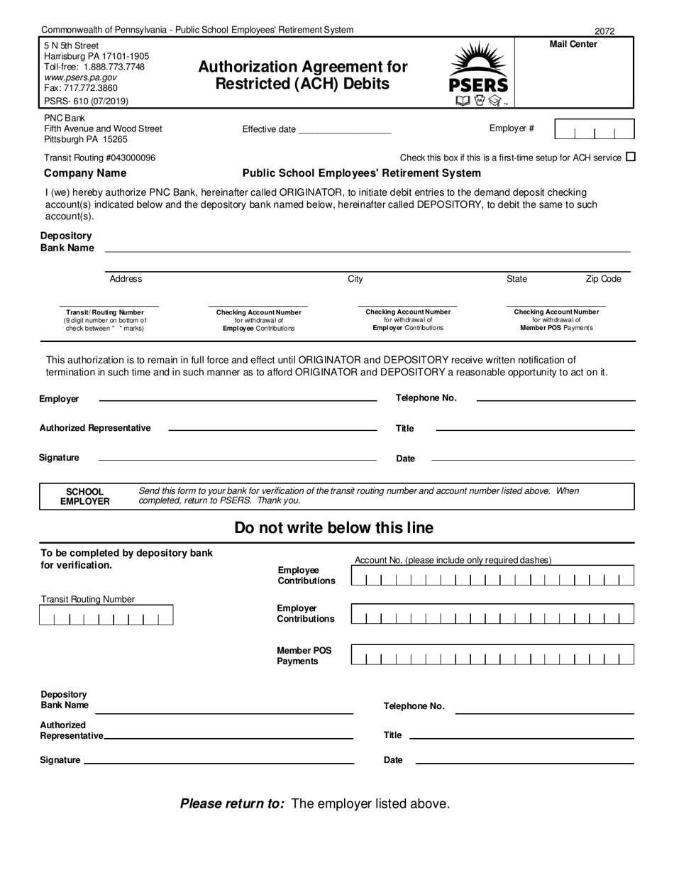 Form PSRS-610 Authorization Agreement for Restricted (ACH) Debits - Pennsylvania, Page 1