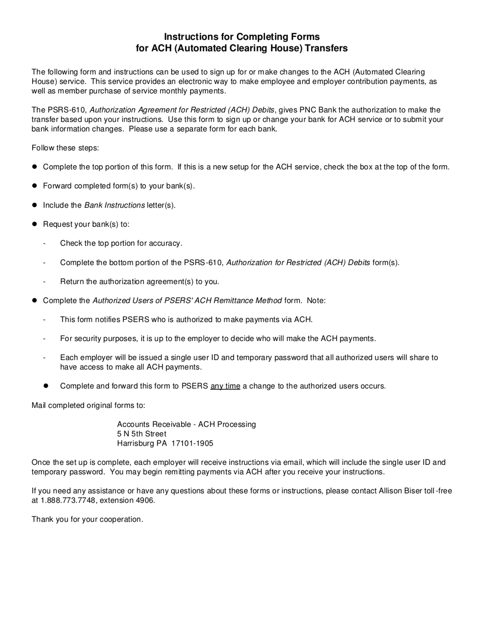 Form PSRS-610 Authorization Agreement for Restricted (ACH) Debits - Pennsylvania, Page 2