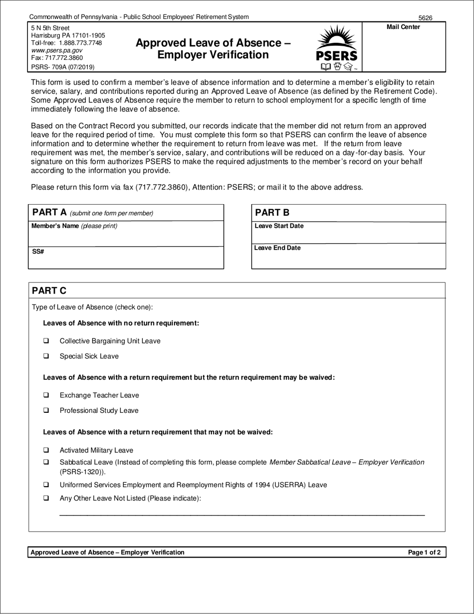 Form PSRS-709A Approved Leave of Absence - Employer Verification - Pennsylvania, Page 1