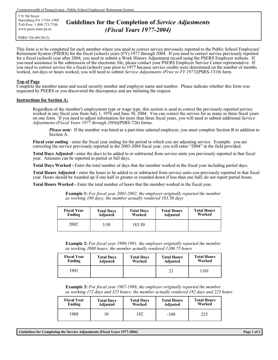 Form PSRS-726 Service Adjustments (For Years 1977-2004) - Pennsylvania, Page 1