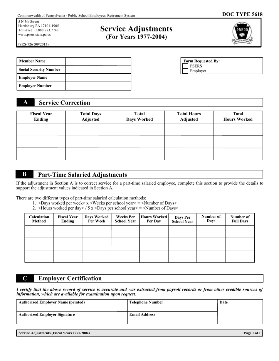 Form PSRS-726 Service Adjustments (For Years 1977-2004) - Pennsylvania, Page 3