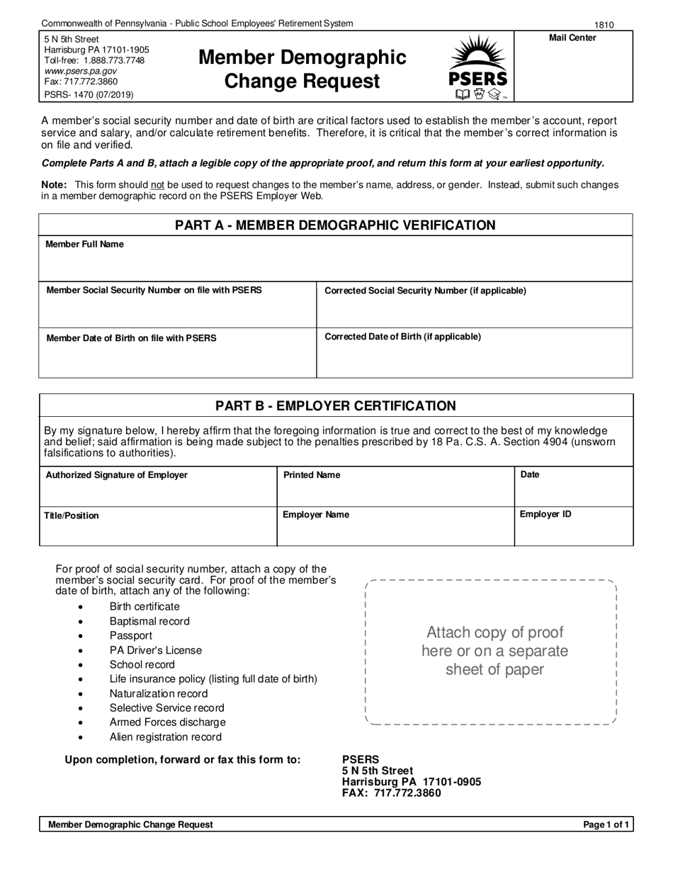 Form PSRS-1870 Member Demographic Change Request - Pennsylvania, Page 1