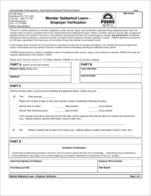 Form PSRS-1320 Member Sabbatical Leave - Employer Verification - Pennsylvania