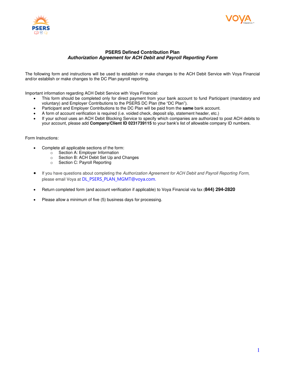 Authorization Agreement for ACH Debit and Payroll Reporting Form - Voya - Pennsylvania, Page 1