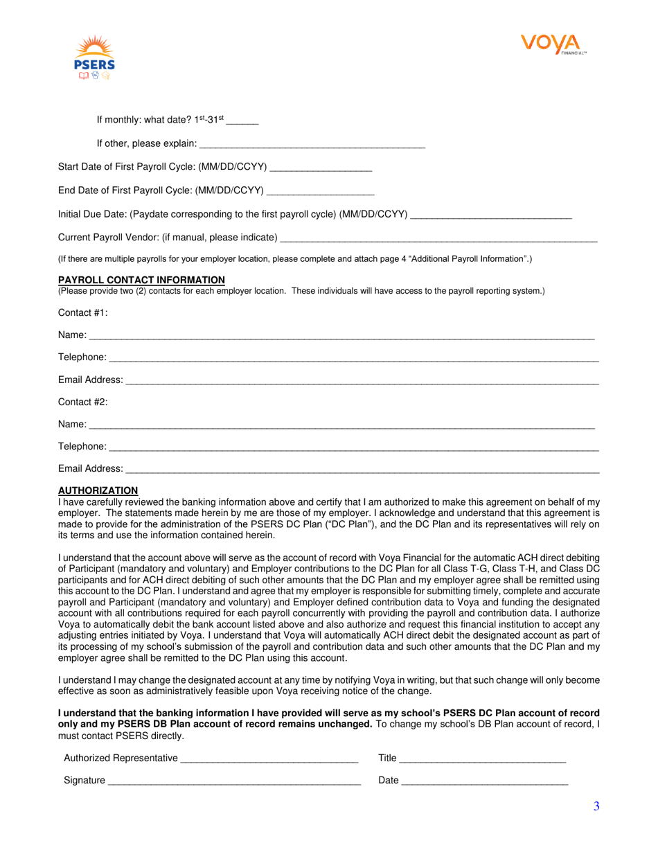 Authorization Agreement for ACH Debit and Payroll Reporting Form - Voya - Pennsylvania, Page 3
