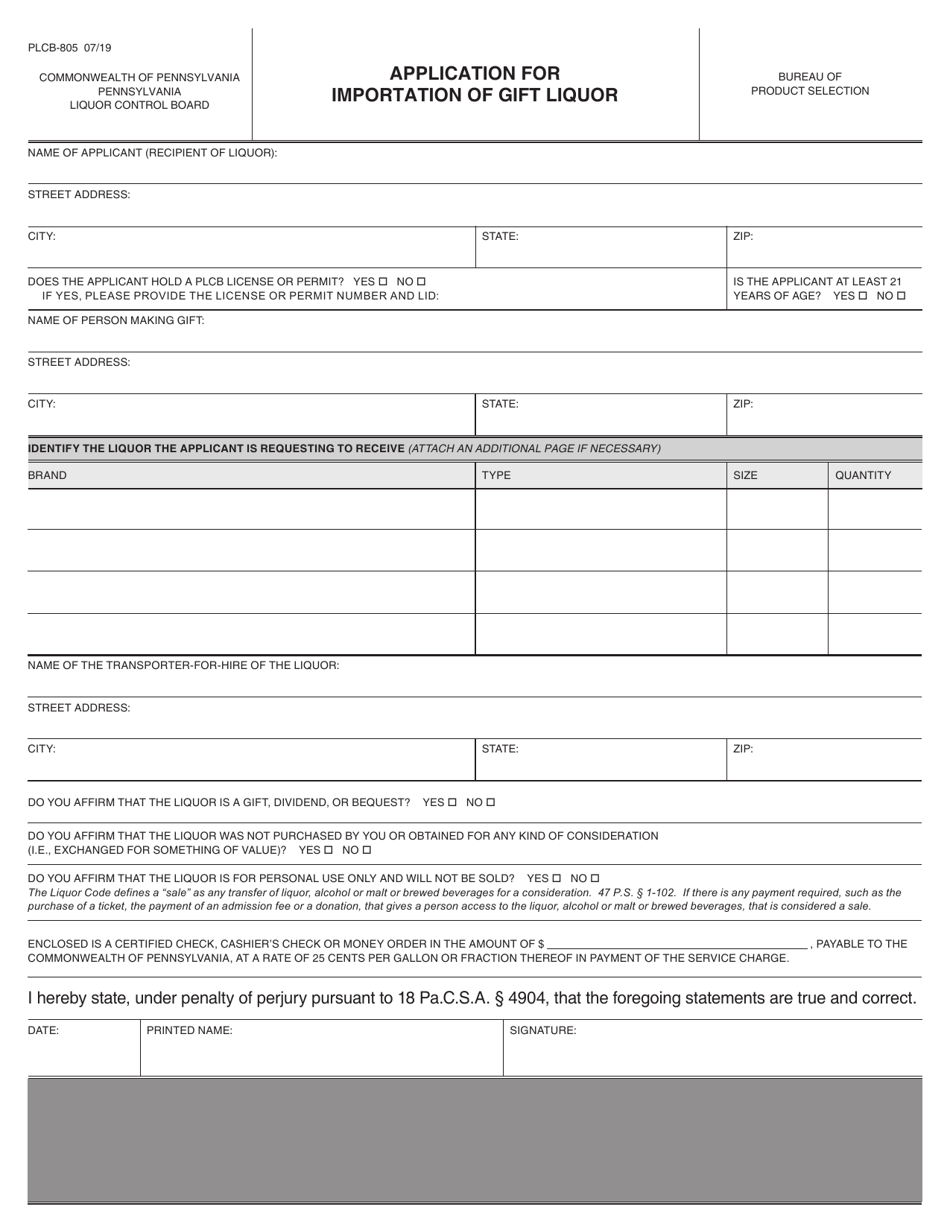 Form PLCB-805 Application for Importation of Gift Liquor - Pennsylvania, Page 1