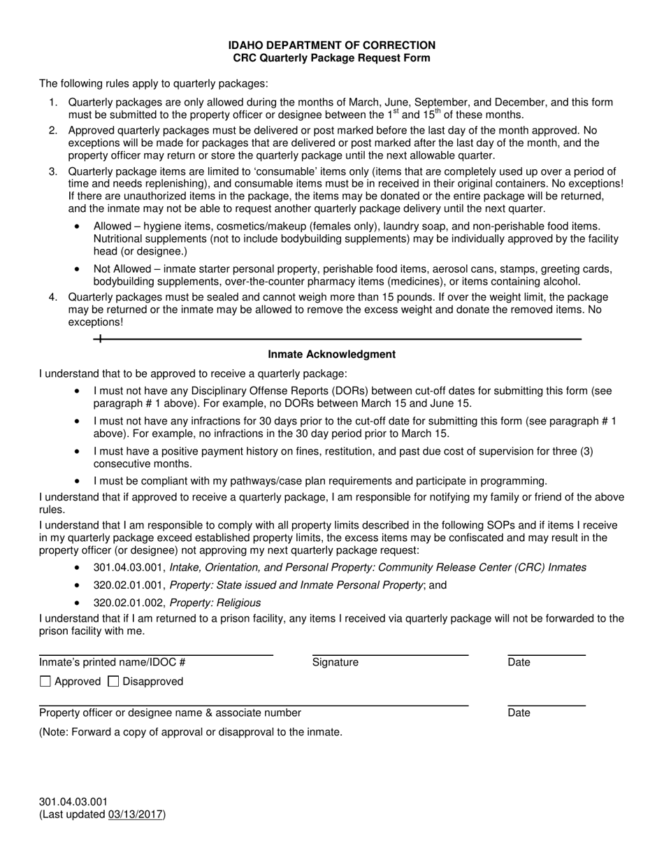 Crc Quarterly Package Request Form - Idaho, Page 1