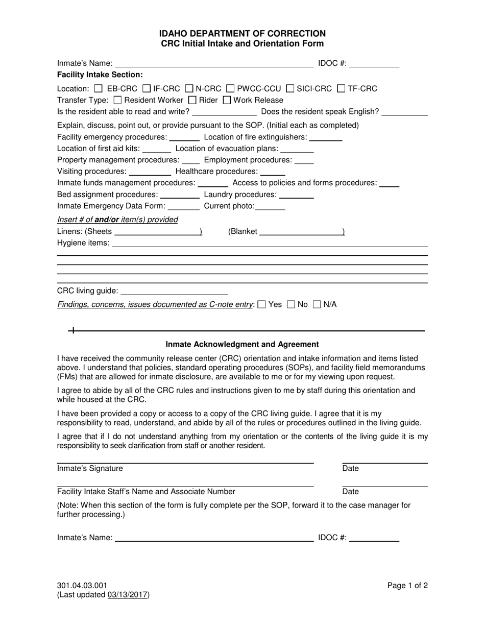 Crc Initial Intake and Orientation Form - Idaho, Page 1