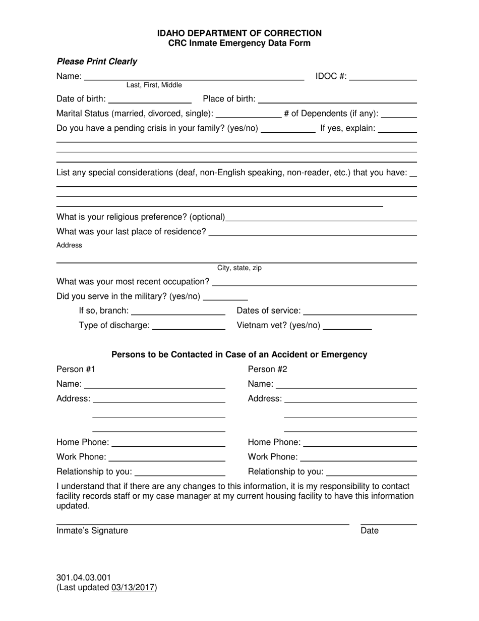 Crc Inmate Emergency Data Form - Idaho, Page 1