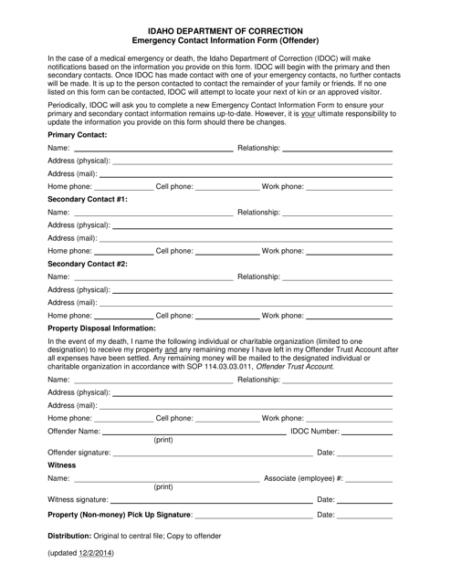 &quot;Emergency Contact Information Form (Offender)&quot; - Idaho Download Pdf