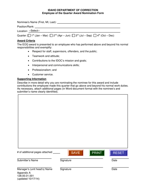 Document preview: Appendix A Employee of the Quarter Award Nomination Form - Idaho