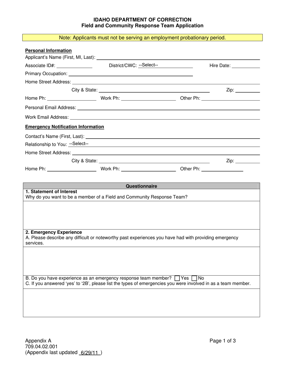 Appendix A Field and Community Response Team Application - Idaho, Page 1