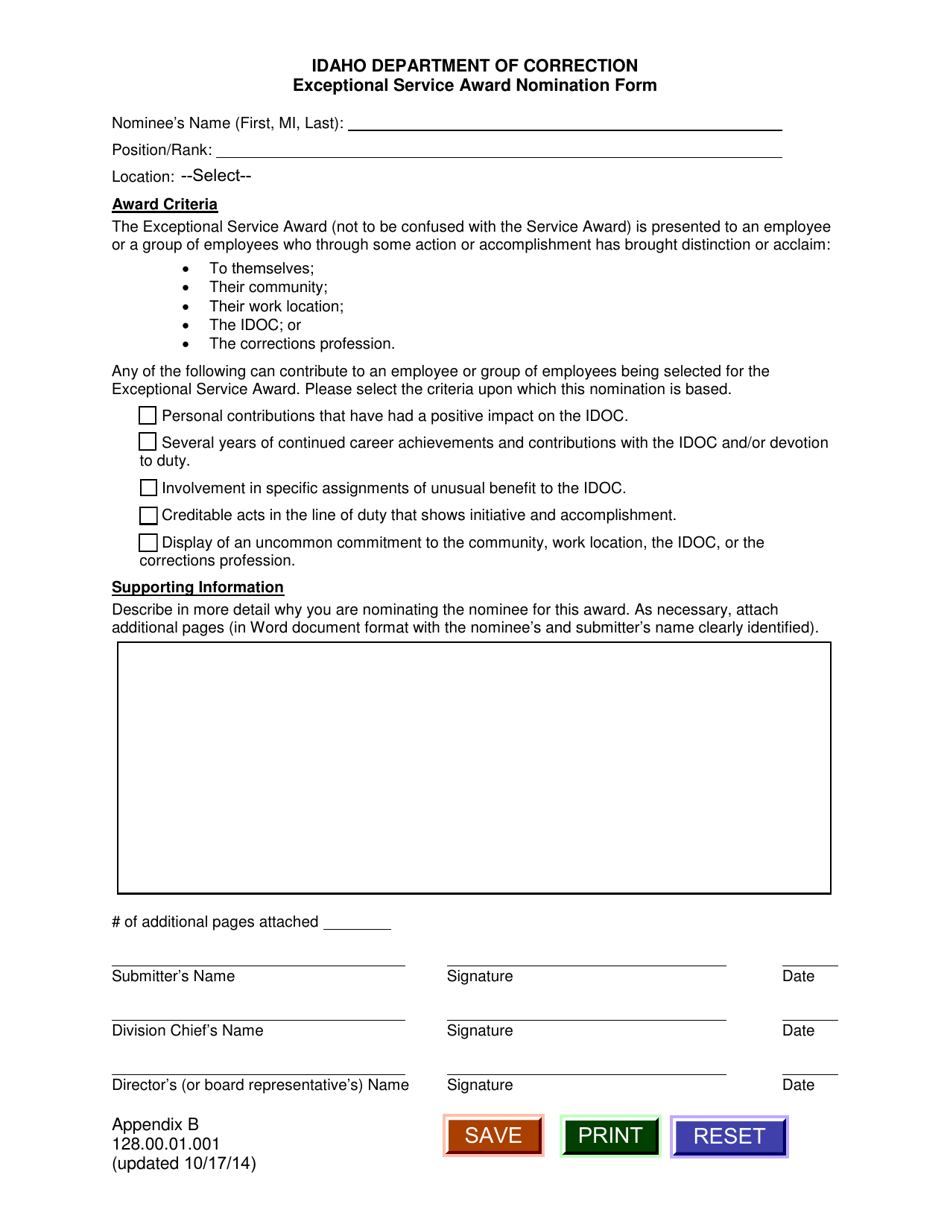 Appendix B Exceptional Service Award Nomination Form - Idaho, Page 1