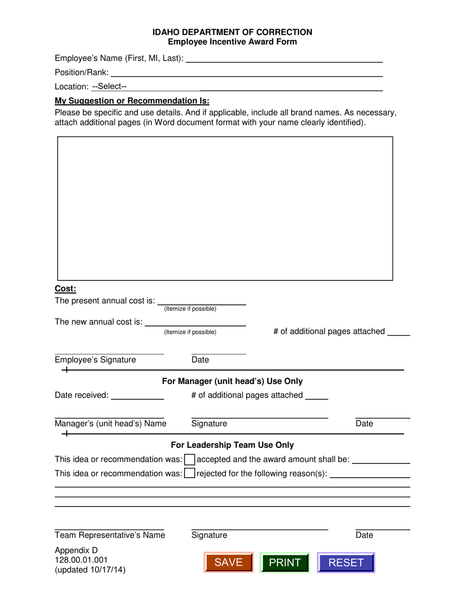 Appendix D Employee Incentive Award Form - Idaho, Page 1