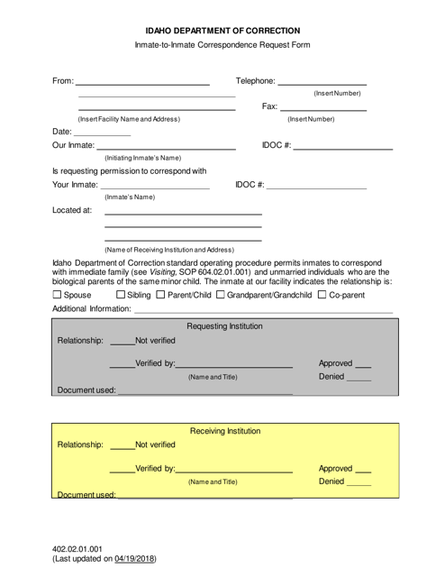 Inmate-To-Inmate Correspondence Request Form - Idaho