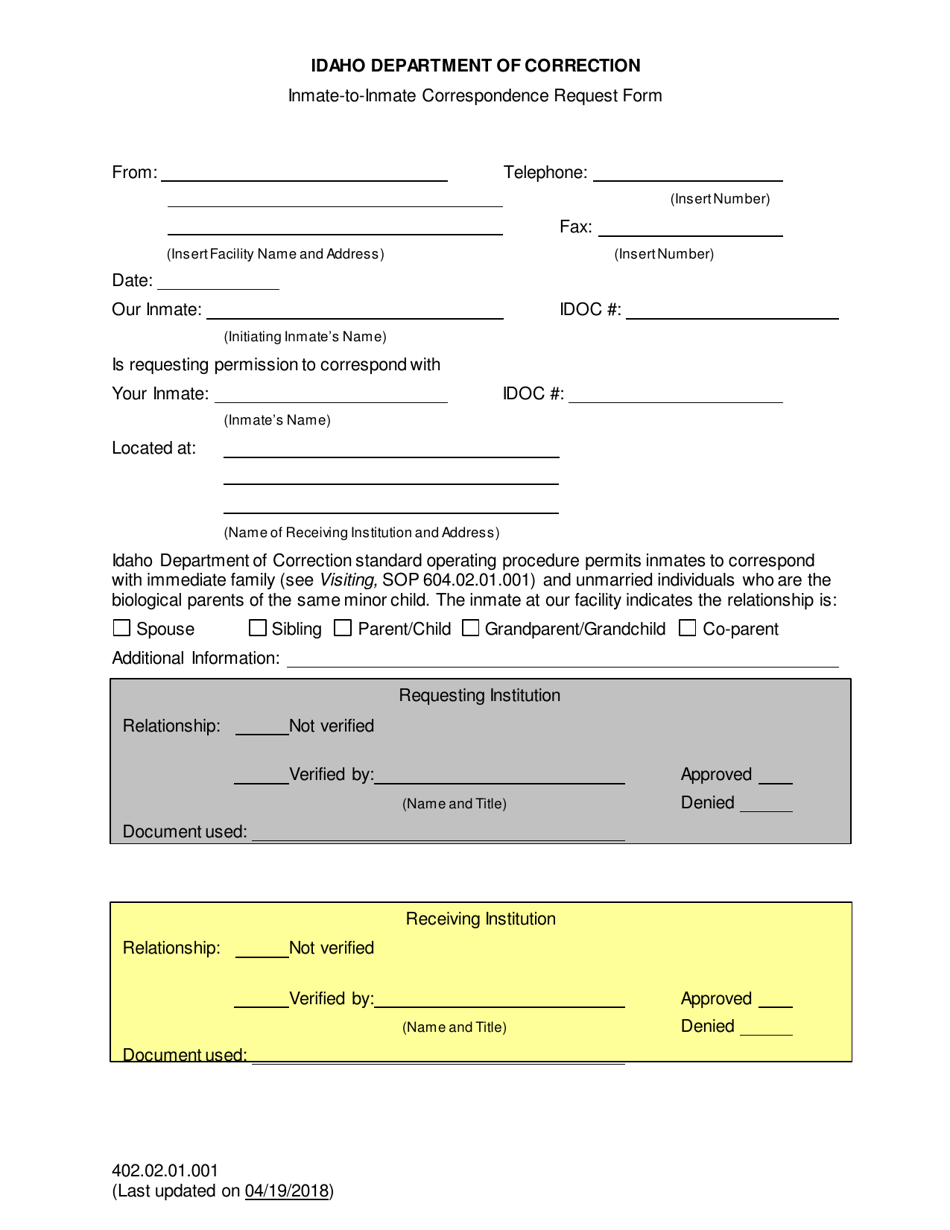 Inmate-To-Inmate Correspondence Request Form - Idaho, Page 1