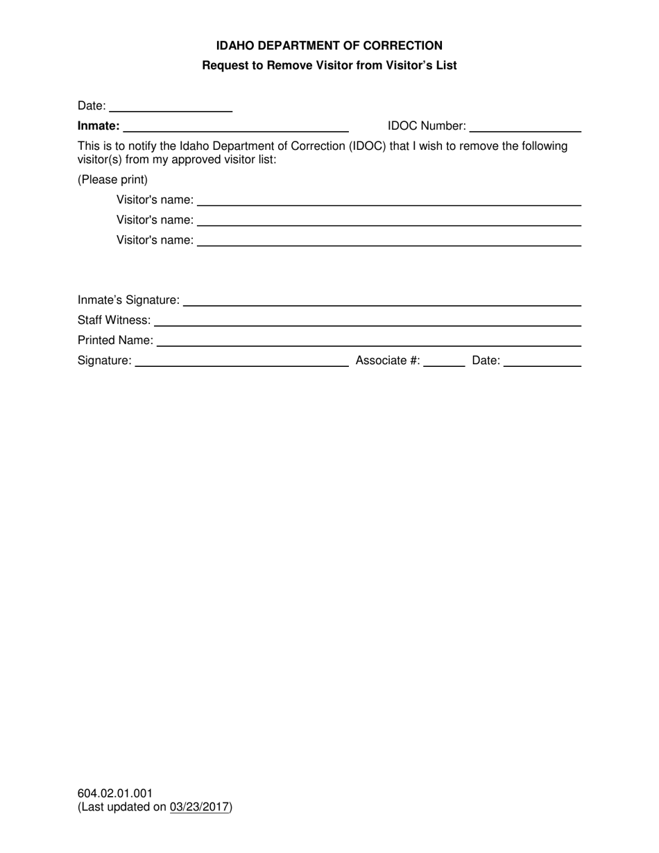 Idaho Request to Remove Visitor From Visitor's List - Fill Out, Sign ...