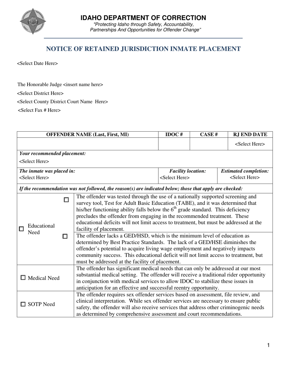 Idaho Notice of Retained Jurisdiction Inmate Placement Fill Out, Sign Online and Download PDF