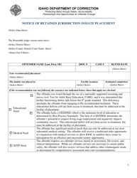 Notice of Retained Jurisdiction Inmate Placement - Idaho