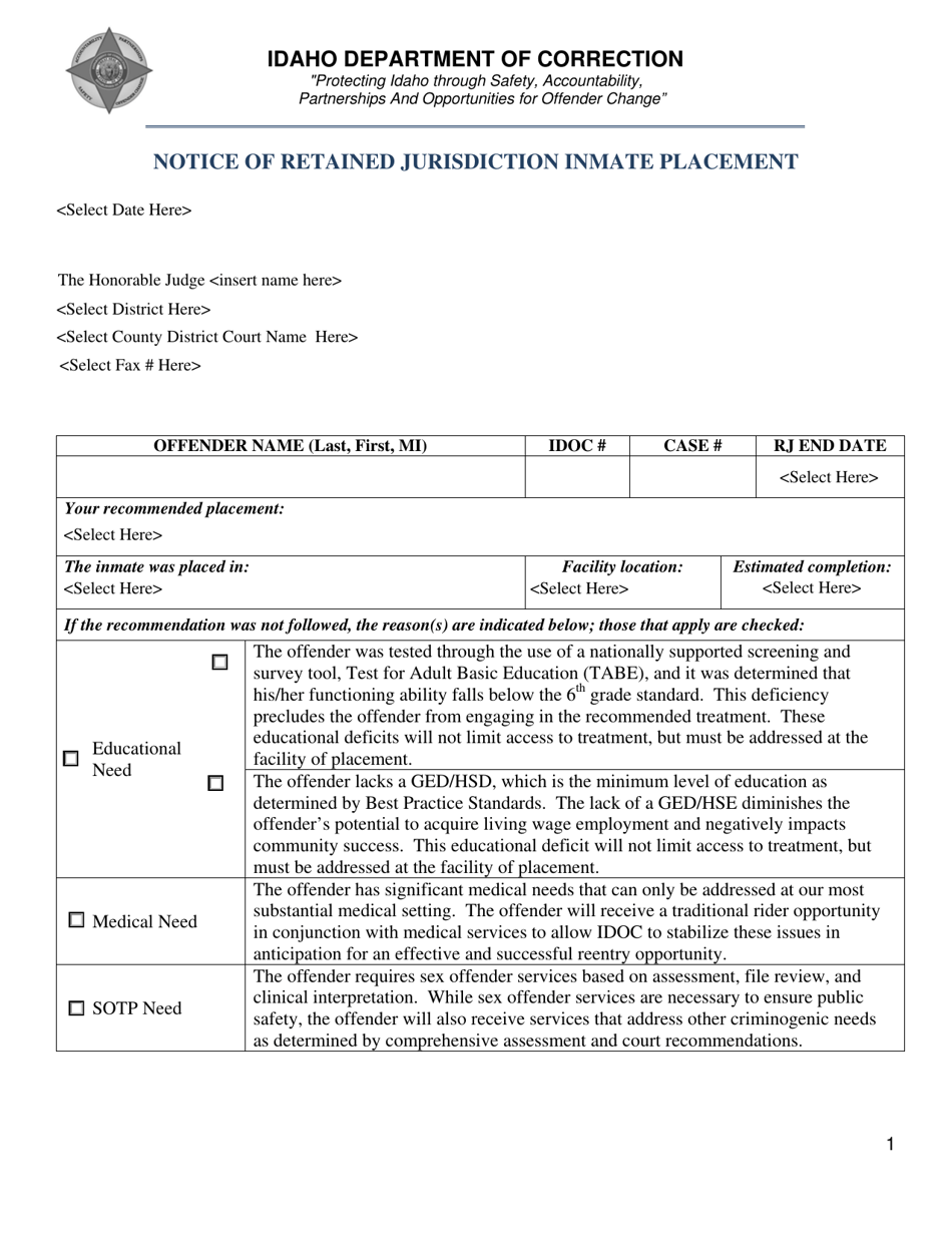 Notice of Retained Jurisdiction Inmate Placement - Idaho, Page 1