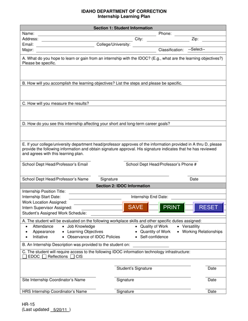 Form HR-15 Internship Learning Plan - Idaho