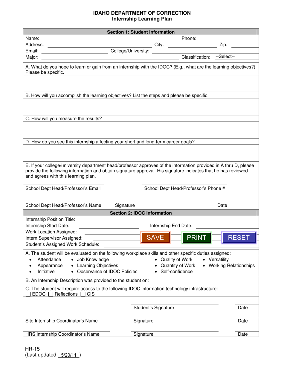 Form HR-15 Internship Learning Plan - Idaho, Page 1