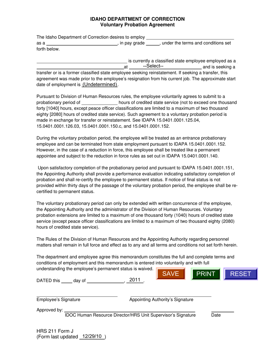 Form J Voluntary Probation Agreement - Idaho, Page 1