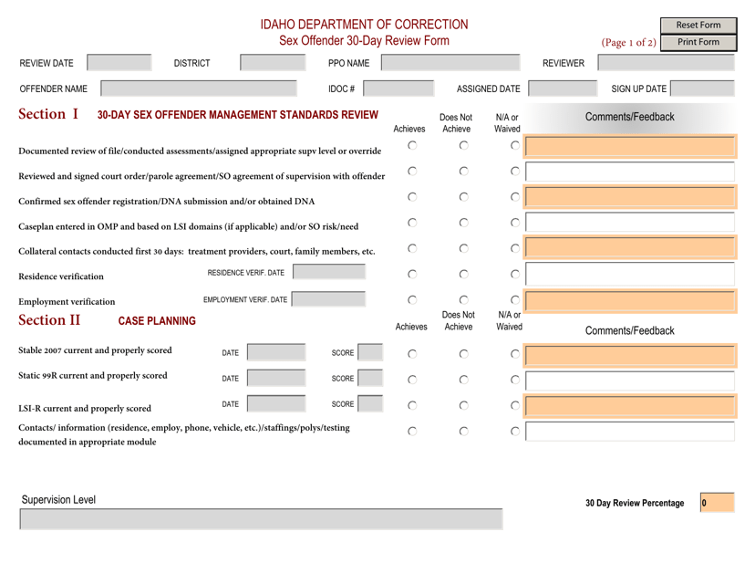 Appendix M Sex Offender 30-day Review Form - Idaho