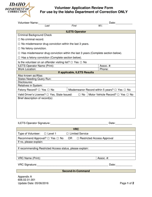 Appendix A Volunteer Application Review Form - Idaho