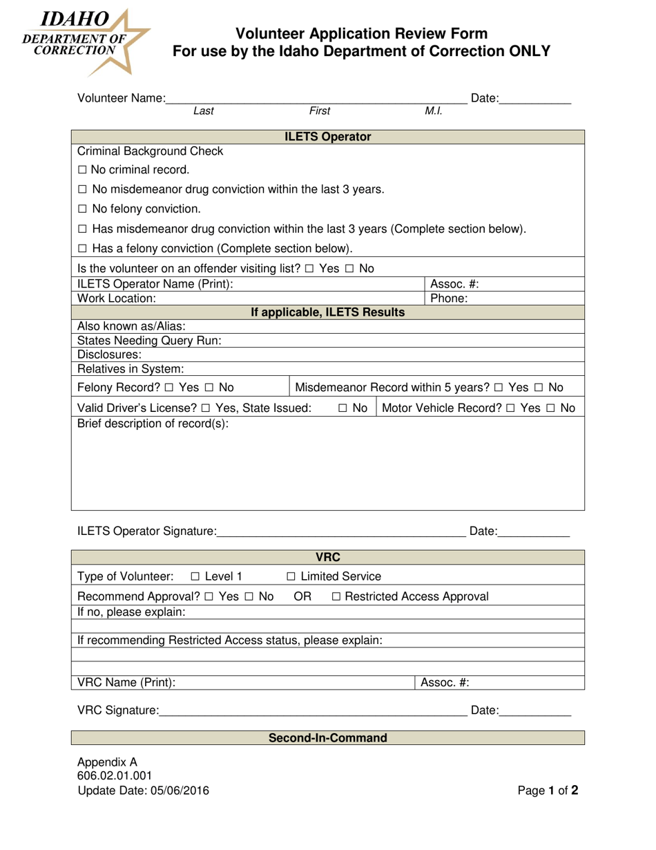 Appendix A Volunteer Application Review Form - Idaho, Page 1