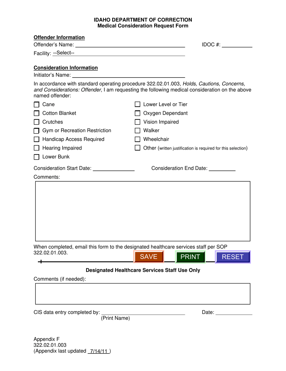 Appendix F Medical Consideration Request Form - Idaho, Page 1