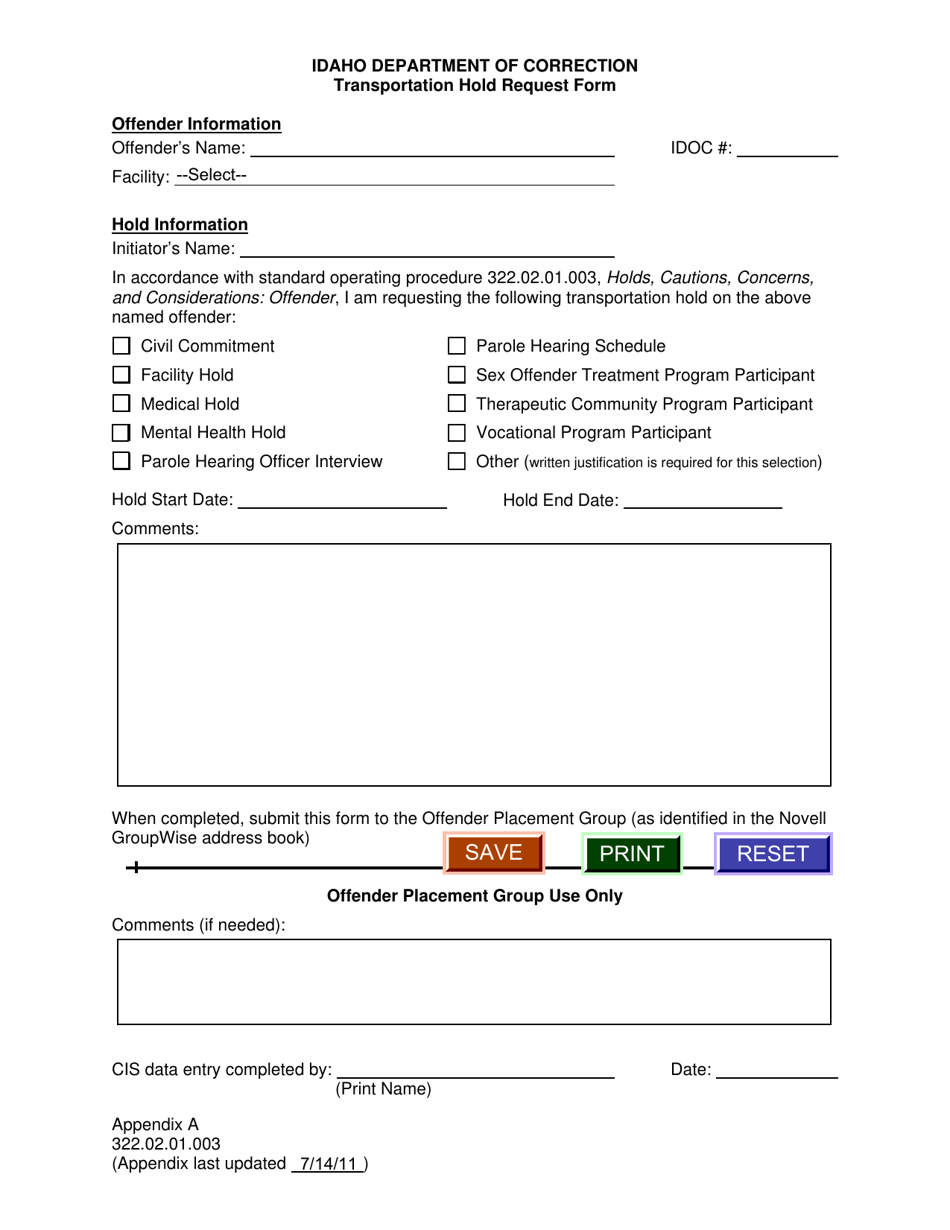 Appendix A Transportation Hold Request Form - Idaho, Page 1
